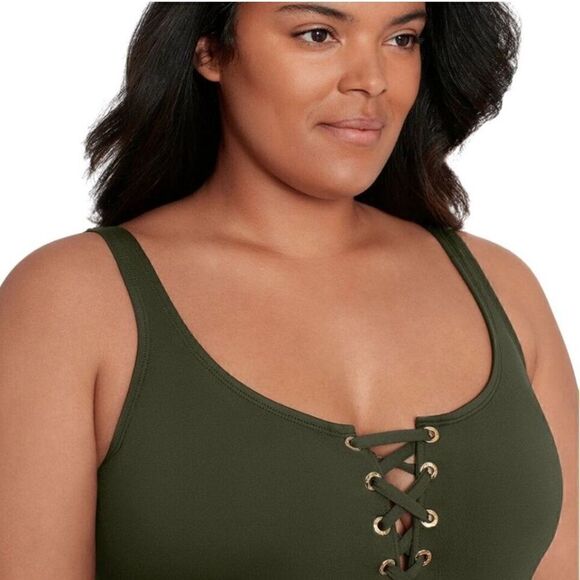 Ralph Lauren One-Piece Swimsuit Beach Club Solids Lace Front Swimwear Olive 22W - Picture 4 of 13
